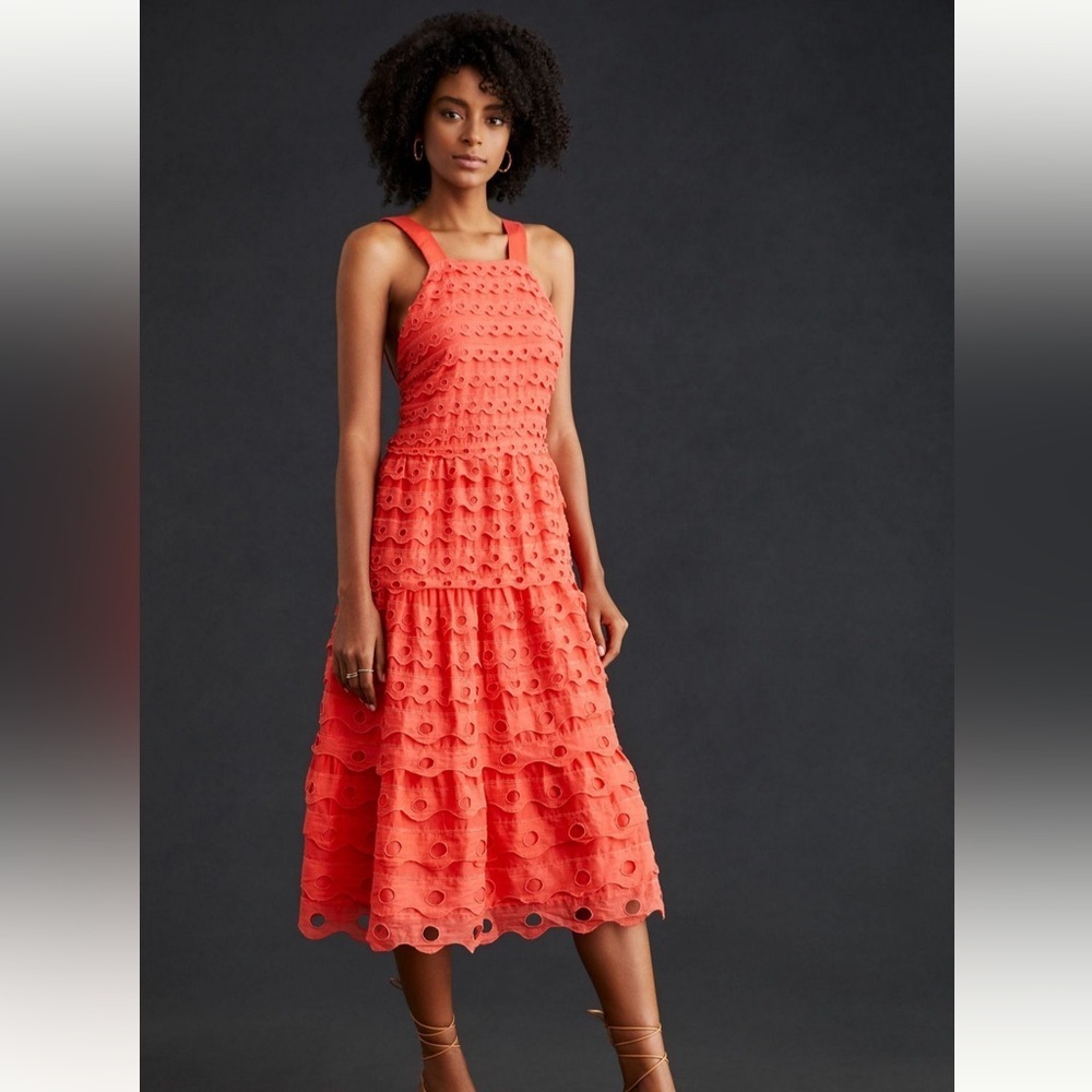 Anthropologie Maeve Coral Eyelet Tiered Midi Dress Wedding Guest Size 0